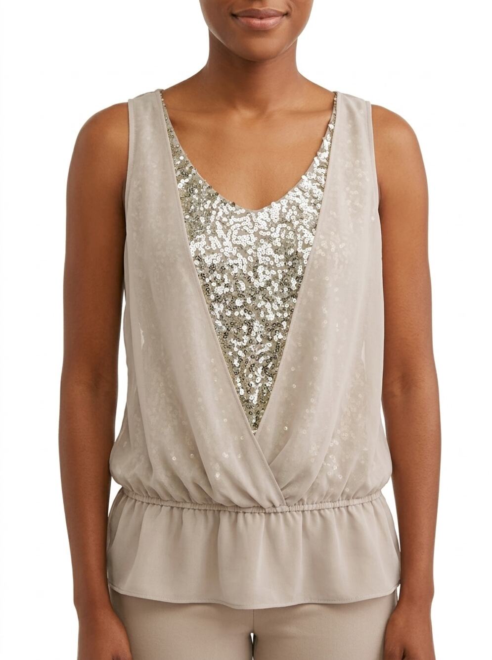 Apt. 9 Sequin Draped V-Neck Tank Top Beige Sleeveless Women Size L